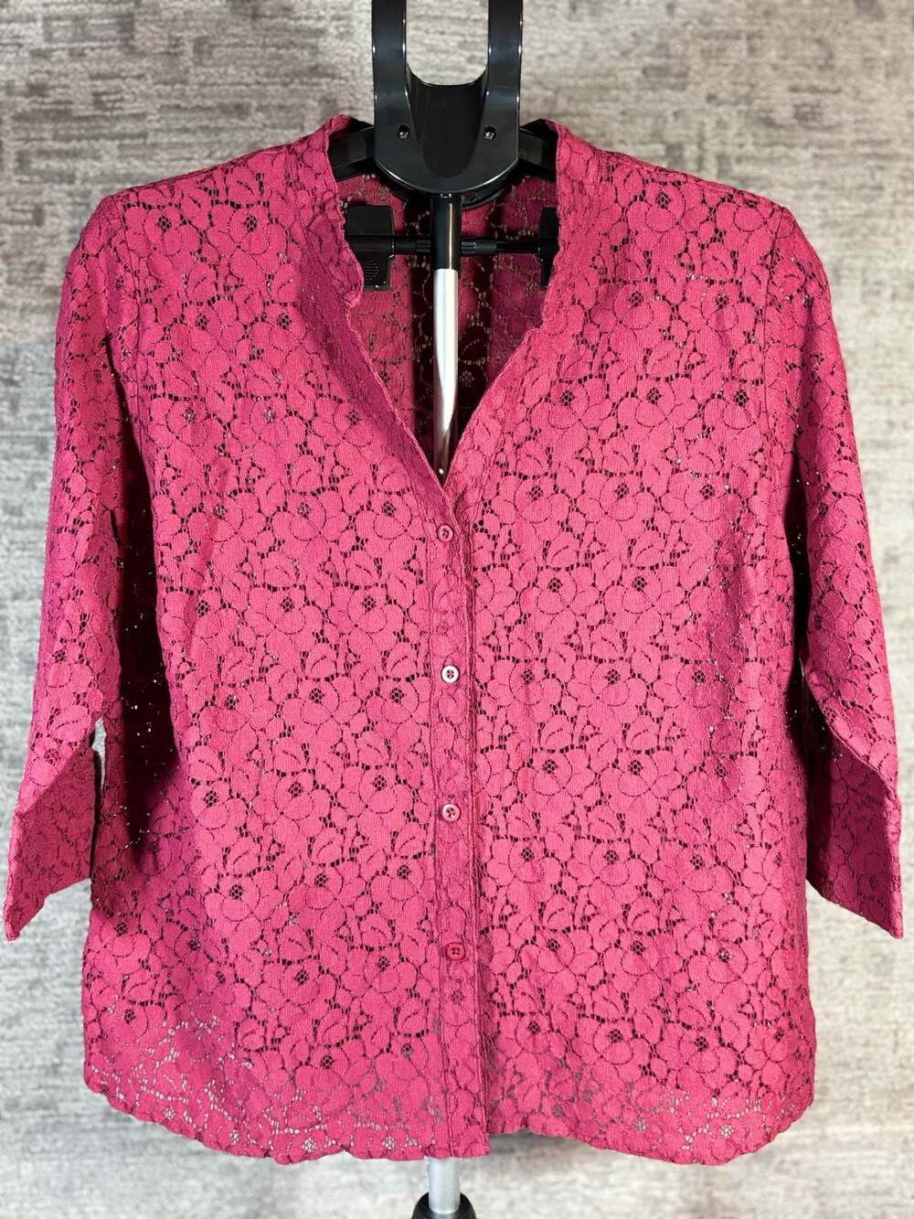 Elementz Woman 3X Pink Lace 3/4 Sleeve Button-Down Blouse